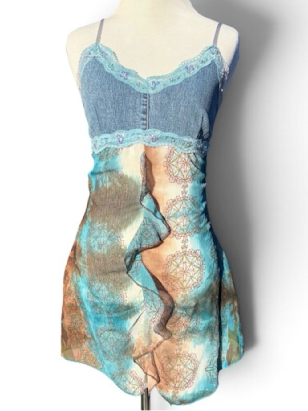 Vintage Y2K Light Blue and Brown Printed Lace-Trim Cami Dress